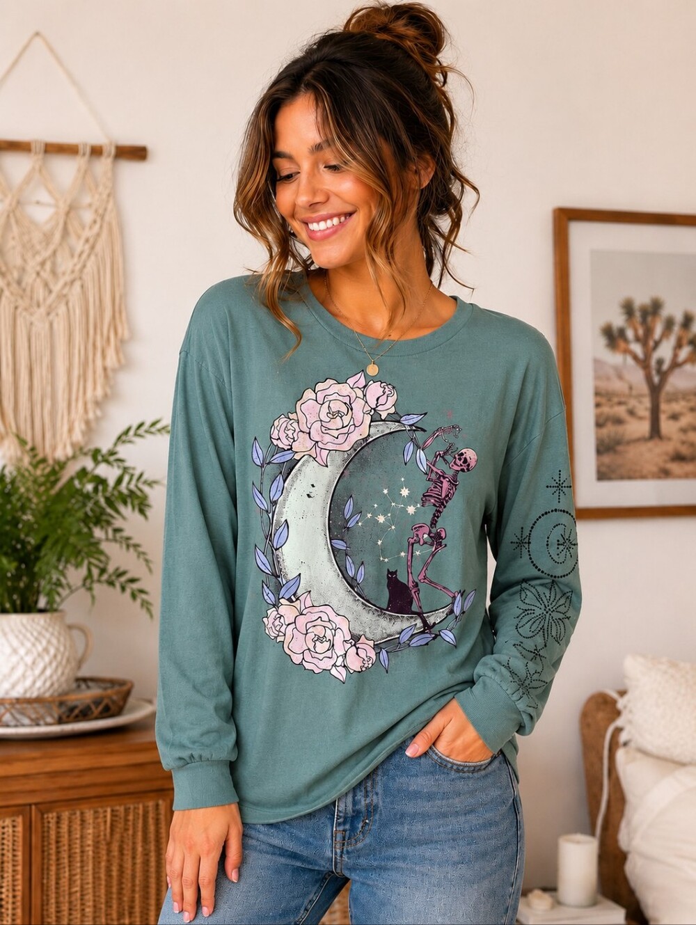 Stitch & Pine Teal Moon Skeleton Graphic Long Sleeve Tee XS NWT Gothic Cotton
